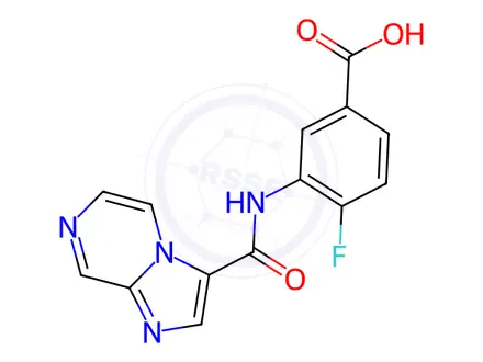 Chemical structure of 4-Fluoro-3-[(imidazo[1,2-a]pyrazine-3-carbonyl)-amino]benzoic acid
