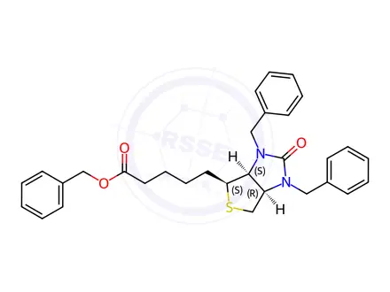 Chemical structure of [3aS-(3aα,4β,6aα)]-Hexahydro-2-oxo-1,3-bis(phenylmethyl)-1H-Thieno[3,4-d]imidazole-4-pentanoic Acid Phenylmethyl Ester