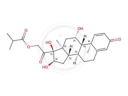 Chemical structure of 2-oxo-2-((8S,9S,10R,11S,13S,14S,16R,17S)-11,16,17-trihydroxy-10,13-dimethyl-3-oxo-6,7,8,9,10,11,12,13,14,15,16,17-dodecahydro-3H-cyclopenta[a]phenanthren-17-yl)ethyl isobutyrate