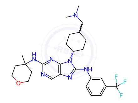 Chemical structure of 9-((1s,4s)-4-((dimethylamino)methyl)cyclohexyl)-N2-(4-methyltetrahydro-2H-pyran-4-yl)-N8-(3-(trifluoromethyl)phenyl)-9H-purine-2,8-diamine