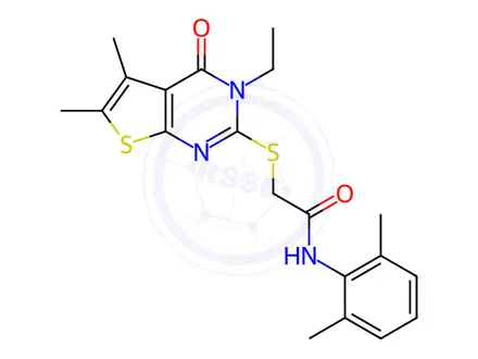 Chemical structure of N-(2,6-Dimethylphenyl)-2-((3-ethyl-5,6-dimethyl-4-oxo-3,4-dihydrothieno[2,3-d]pyrimidin-2-yl)thio)acetamide