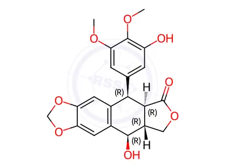 Chemical structure of (5R,5aR,8aR,9R)-9-Hydroxy-5-(3-hydroxy-4,5-dimethoxyphenyl)-5,8,8a,9-tetrahydrofuro[3',4':6,7]naphtho[2,3-d][1,3]dioxol-6(5aH)-one