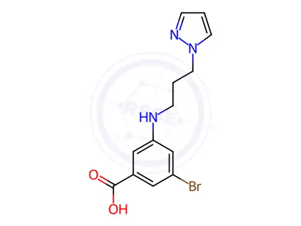 Chemical structure of Benzoic acid, 3-bromo-5-[[3-(1H-pyrazol-1-yl)propyl]amino]-
