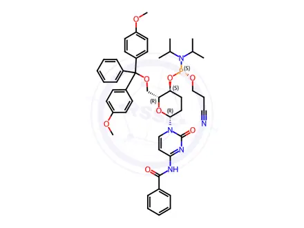 Chemical structure of Benzamide, N-[1-[6-O-[bis(4-methoxyphenyl)phenylmethyl]-4-O-[[bis(1-methylethyl)amino](2-cyanoethoxy)phosphino]-2,3-dideoxy-β-D-erythro-hexopyranosyl]-1,2-dihydro-2-oxo-4-pyrimidinyl]-, (R)-(9CI)