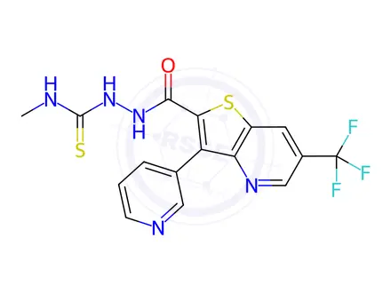Chemical structure of N-methyl-2-(3-(pyridin-3-yl)-6-(trifluoromethyl)thieno[3,2-b]pyridine-2-carbonyl)hydrazine-1-carbothioamide