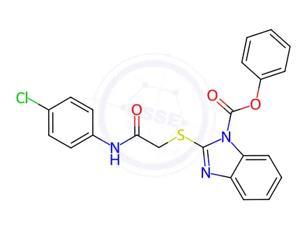 Chemical structure of Phenyl 2-((2-((4-chlorophenyl)amino)-2-oxoethyl)thio)-1H-benzo[d]imidazole-1-carboxylate