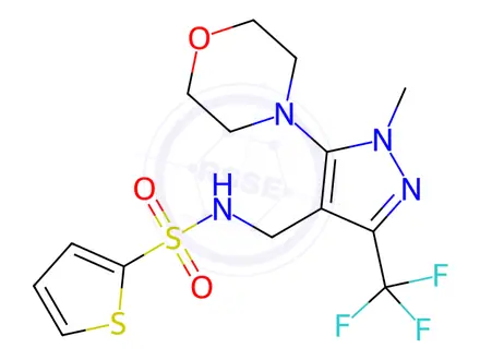 Chemical structure of N-((1-methyl-5-morpholino-3-(trifluoromethyl)-1H-pyrazol-4-yl)methyl)thiophene-2-sulfonamide