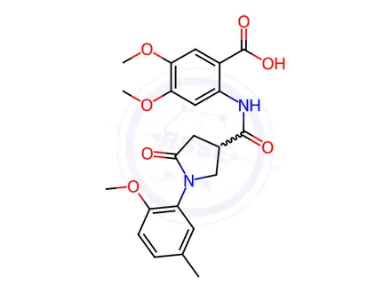 Chemical structure of 4,5-Dimethoxy-2-(1-(2-methoxy-5-methylphenyl)-5-oxopyrrolidine-3-carboxamido)benzoic acid