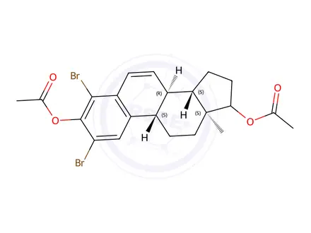 Chemical structure of 2,4-dibromoestra-1,3,5(10),6-tetraene-3,17-diol diacetate