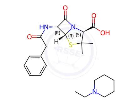 Chemical structure of [2S-(2alpha,5alpha,6beta)]-3,3-dimethyl-7-oxo-6-[(phenylacetyl)amino]-4-thia-1-azabicyclo[3.2.0]heptane-2-carboxylic acid, compound with 1-ethylpiperidine (1:1)