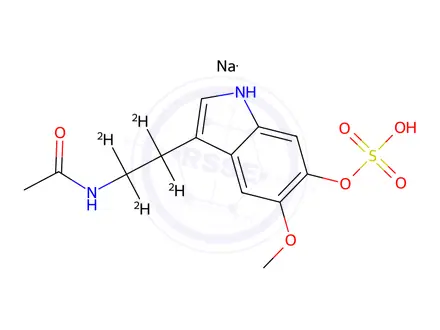 Chemical structure of 3-(2-acetamidoethyl-1,1,2,2-d4)-5-methoxy-1H-indol-6-yl hydrogen sulfate, sodium salt