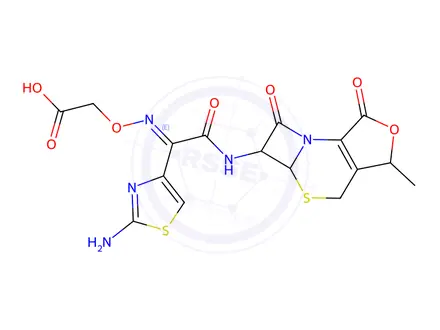 Chemical structure of (E)-2-(((1-(2-Aminothiazol-4-yl)-2-((3-Methyl-1,7-dioxo-1,4,5a,6-tetrahydro-3H,7H-azeto[2,1-b]furo[3,4-d][1,3]thiazin-6-yl)Amino)-2-Oxoethylidene)Amino)oxy)acetic Acid