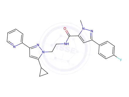 Chemical structure of N-(2-(5-Cyclopropyl-3-(pyridin-2-yl)-1H-pyrazol-1-yl)ethyl)-3-(4-fluorophenyl)-1-methyl-1H-pyrazole-5-carboxamide