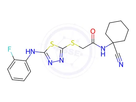Chemical structure of N-(1-Cyanocyclohexyl)-2-((5-((2-fluorophenyl)amino)-1,3,4-thiadiazol-2-yl)thio)acetamide