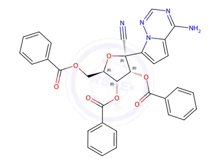 Chemical structure of (2R,3R,4R,5R)-2-(4-aminopyrrolo[2,1-f][1,2,4]triazin-7-yl)-5-((benzoyloxy)methyl)-2-cyanotetrahydrofuran-3,4-diyl dibenzoate