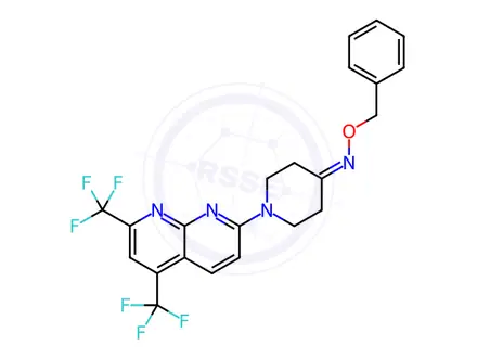Chemical structure of 4-Piperidinone,1-[5,7-bis(trifluoromethyl)-1,8-naphthyridin-2-yl]-,O-(phenylmethyl)oxime(9CI)