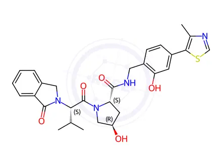Chemical structure of (2S,4R)-4-Hydroxy-N-(2-hydroxy-4-(4-methylthiazol-5-yl)benzyl)-1-((S)-3-methyl-2-(1-oxoisoindolin-2-yl)butanoyl)pyrrolidine-2-carboxamide