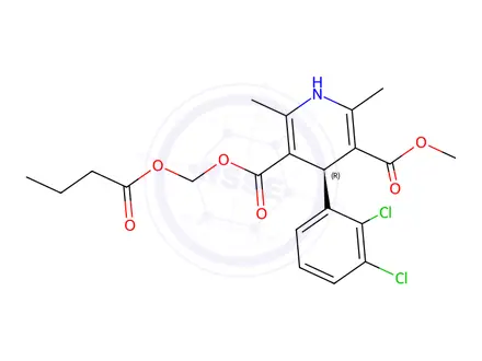 Chemical structure of 3-((Butyryloxy)methyl) 5-methyl (R)-4-(2,3-dichlorophenyl)-2,6-dimethyl-1,4-dihydropyridine-3,5-dicarboxylate