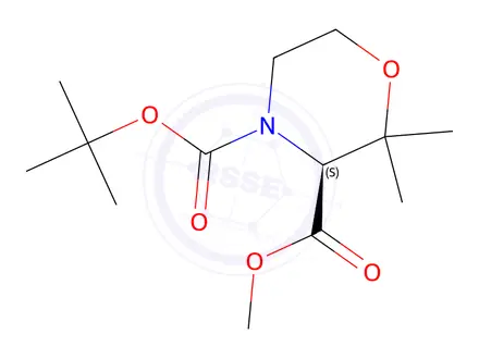 Chemical structure of (S)-4-tert-Butyl 3-methyl 2,2-dimethylmorpholine-3,4-dicarboxylate