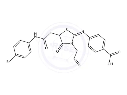 Chemical structure of 4-((3-Allyl-5-(2-((4-bromophenyl)amino)-2-oxoethyl)-4-oxothiazolidin-2-ylidene)amino)benzoic acid