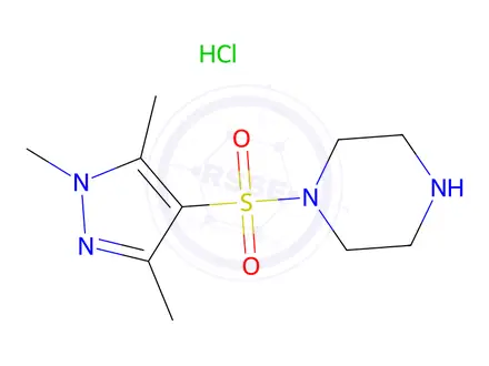 Chemical structure of 1-((1,3,5-Trimethyl-1H-pyrazol-4-yl)sulfonyl)piperazine hydrochloride