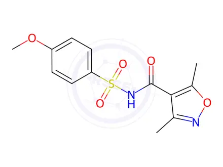 Chemical structure of N-((4-methoxyphenyl)sulfonyl)-3,5-dimethylisoxazole-4-carboxamide