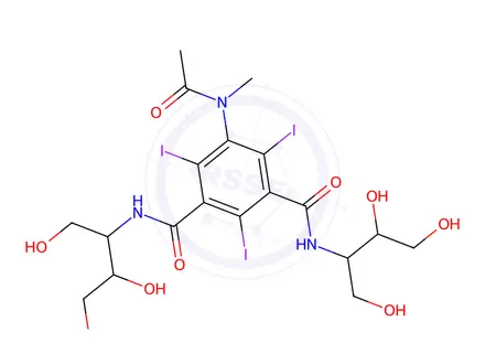 Chemical structure of 2,4,6-triiodo-5-(N-methylacetamido)-N1,N3-bis(1,3,4-trihydroxybutan-2-yl)isophthalamide