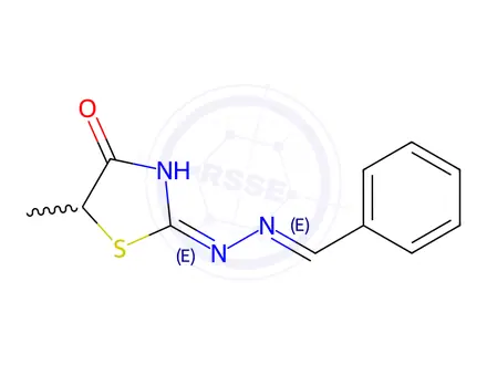 Chemical structure of Benzaldehyde, (4,5-dihydro-5-methyl-4-oxo-2-thiazolyl)hydrazone
