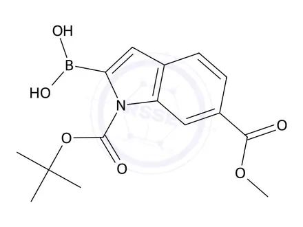 Chemical structure of 2-borono-1H-indole-1,6-dicarboxylic acid-1-(1,1-dimethylethyl) 6-methyl ester