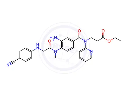 Chemical structure of Ethyl 3-(3-amino-4-(2-(4-cyanophenylamino)-N-methylacetamido)-N-(pyridine-2-yl) benzamido) propanoat