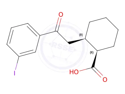Chemical structure of (1R,2R)-2-(2-(3-iodophenyl)-2-oxoethyl)cyclohexane-1-carboxylic acid