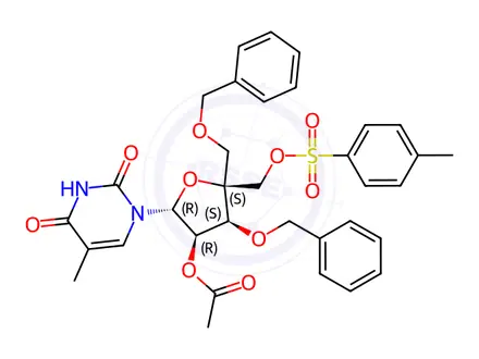 Chemical structure of Uridine, 5-methyl-4'-C-[[[(4-methylphenyl)sulfonyl]oxy]methyl]-3',5'-bis-O-(phenylmethyl)-, 2'-acetate