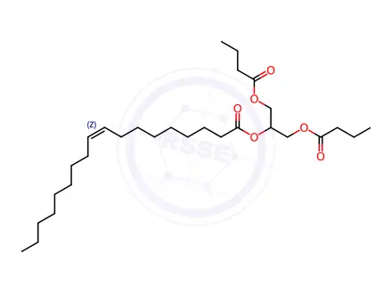 Chemical structure of 9-Octadecenoic acid (9Z)-, 2,3-bis(1-oxobutoxy)propyl ester