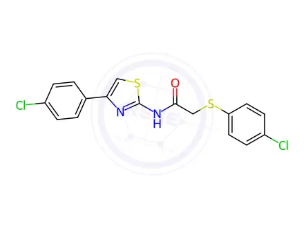 Chemical structure of N-(4-(4-chlorophenyl)thiazol-2-yl)-2-((4-chlorophenyl)thio)acetamide