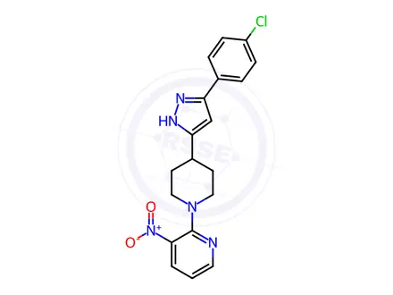 Chemical structure of 4-[5-(4-chlorophenyl)-1H-pyrazol-3-yl]-1-(3-nitro-2-pyridinyl)piperidine