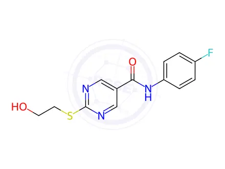 Chemical structure of N-(4-Fluorophenyl)-2-((2-hydroxyethyl)thio)pyrimidine-5-carboxamide