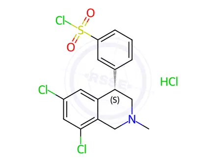 Chemical structure of (S)-3-(6,8-dichloro-2-methyl-1,2,3,4-tetrahydroisoquinolin-4-yl)benzene-1-sulfonyl chloride hydrochloride