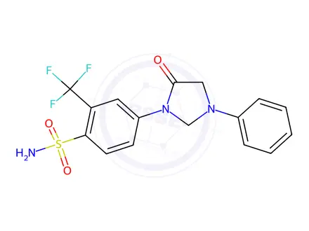 Chemical structure of 4-(5-Oxo-3-phenylimidazolidin-1-yl)-2-(trifluoromethyl)benzenesulfonamide