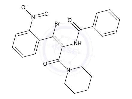 Chemical structure of (Z)-N-(1-Bromo-1-(2-nitrophenyl)-3-oxo-3-(piperidin-1-yl)prop-1-en-2-yl)benzamide