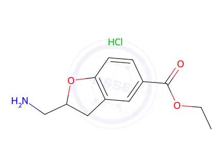 Chemical structure of Ethyl 2-(aminomethyl)-2,3-dihydro-1-benzofuran-5-carboxylate hydrochloride