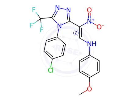 Chemical structure of N-[(Z)-2-[4-(4-Chlorophenyl)-5-(trifluoromethyl)-4H-1,2,4-triazol-3-yl]-2-nitroethenyl]-4-methoxyaniline