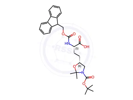 Chemical structure of 5-Oxazolidinebutanoic acid, 3-[(1,1-dimethylethoxy)carbonyl]-α-[[(9H-fluoren-9-ylmethoxy)carbonyl]amino]-2,2-dimethyl-, (αS,5R)-