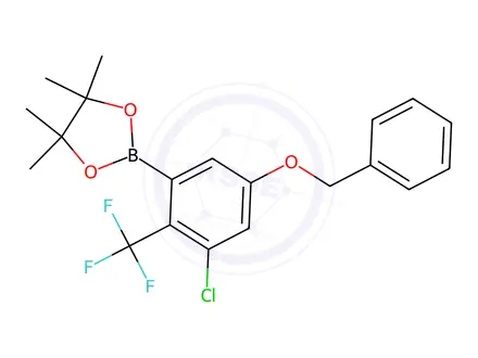 Chemical structure of 2-(5-(Benzyloxy)-3-chloro-2-(trifluoromethyl)phenyl)-4,4,5,5-tetramethyl-1,3,2-dioxaborolane