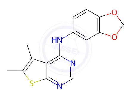Chemical structure of N-(Benzo[d][1,3]dioxol-5-yl)-5,6-dimethylthieno[2,3-d]pyrimidin-4-amine
