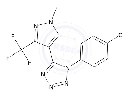 Chemical structure of 1-(4-Chlorophenyl)-5-(1-methyl-3-(trifluoromethyl)-1H-pyrazol-4-yl)-1H-tetrazole