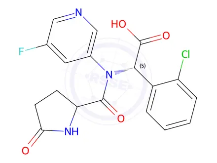 Chemical structure of (2S)-2-(2-chlorophenyl)-2-(N-(5-fluoropyridin-3-yl)-5-oxopyrrolidine-2-carboxamido)acetic acid