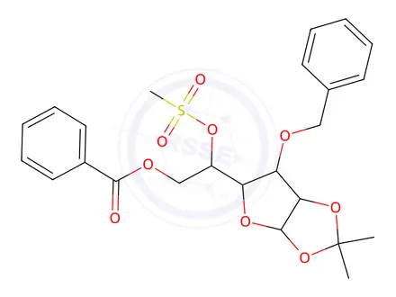 Chemical structure of 6-O-Benzoyl-3-O-benzyl-1,2-O-isopropylidene-5-O-methanesulfonyl-alpha-D-glucofuranose