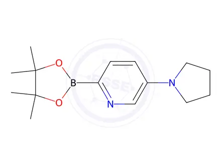 Chemical structure of 5-(Pyrrolidin-1-yl)-2-(4,4,5,5-tetramethyl-1,3,2-dioxaborolan-2-yl)pyridine