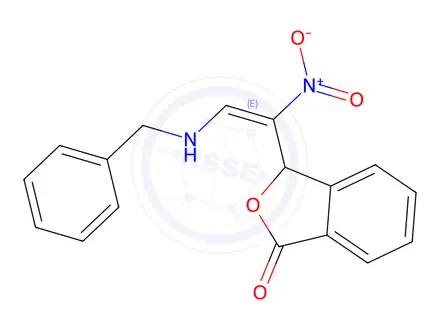 Chemical structure of 3-[(E)-2-(Benzylamino)-1-nitroethenyl]-1,3-dihydro-2-benzofuran-1-one