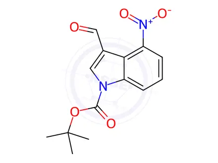 Chemical structure of 3-Formyl-4-nitro-indole-1-carboxylic acid tert-butyl ester